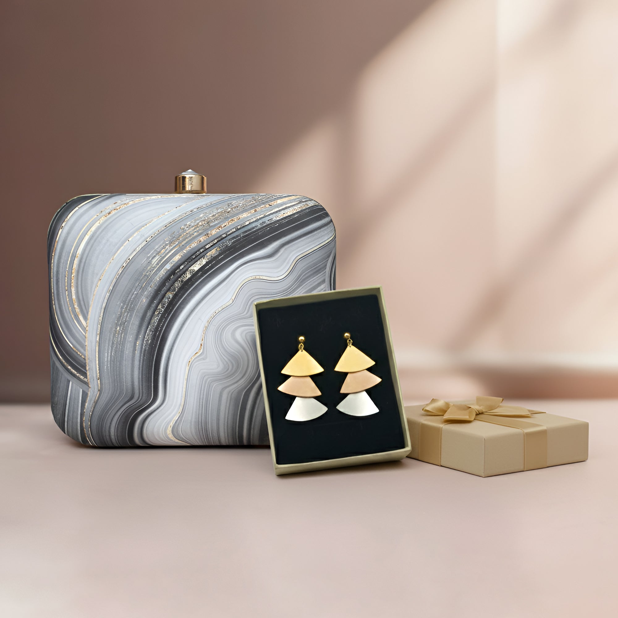 Black & White Printed Clutch & Geometric Triangle Earrings Party Ready Combo
