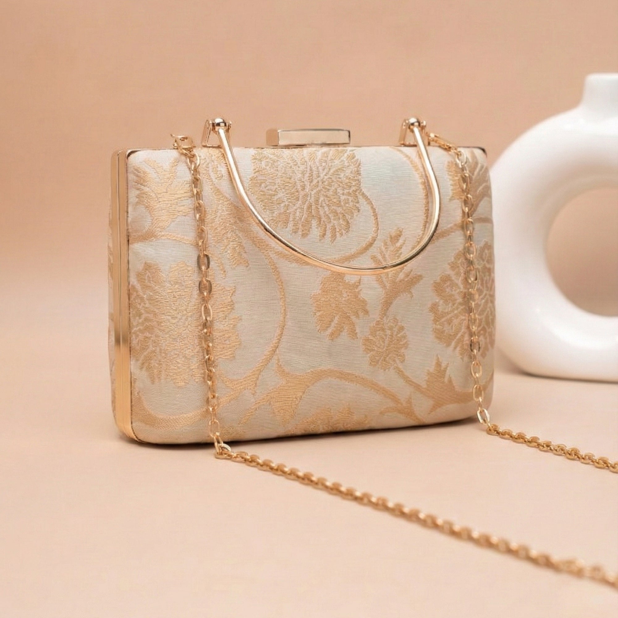 Artklim Champagne Ivory Gold Floral Embroidered Clutch