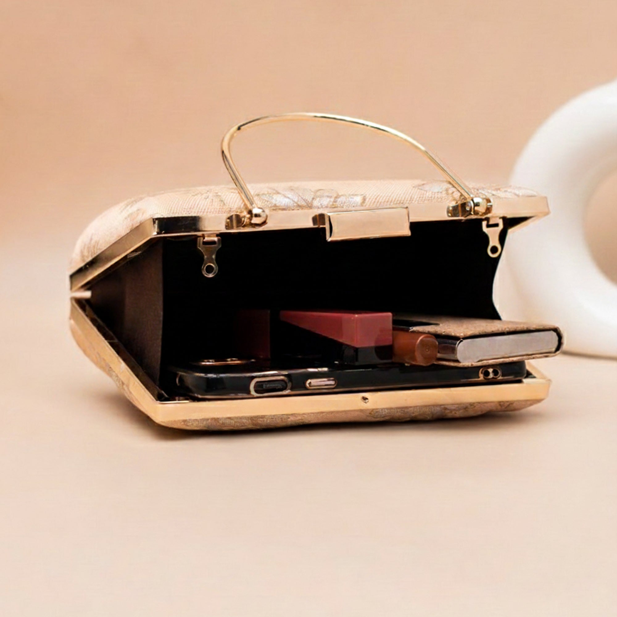 Artklim Champagne Ivory Gold Floral Embroidered Clutch