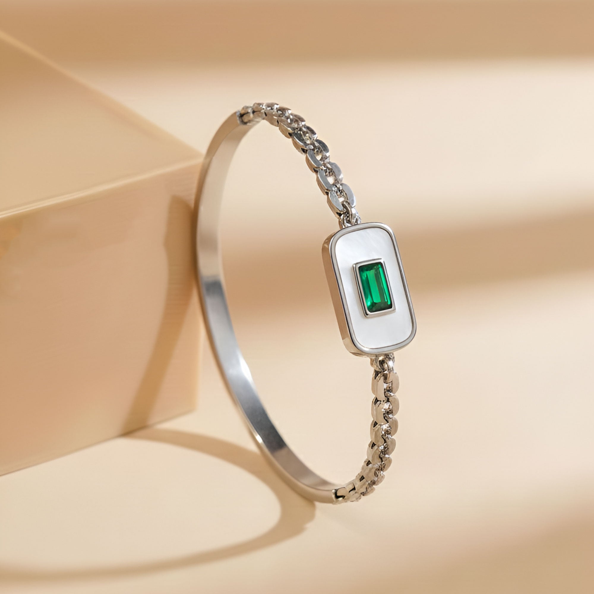 Artklim Silver Plated Green Gem Charm Bangle Bracelet