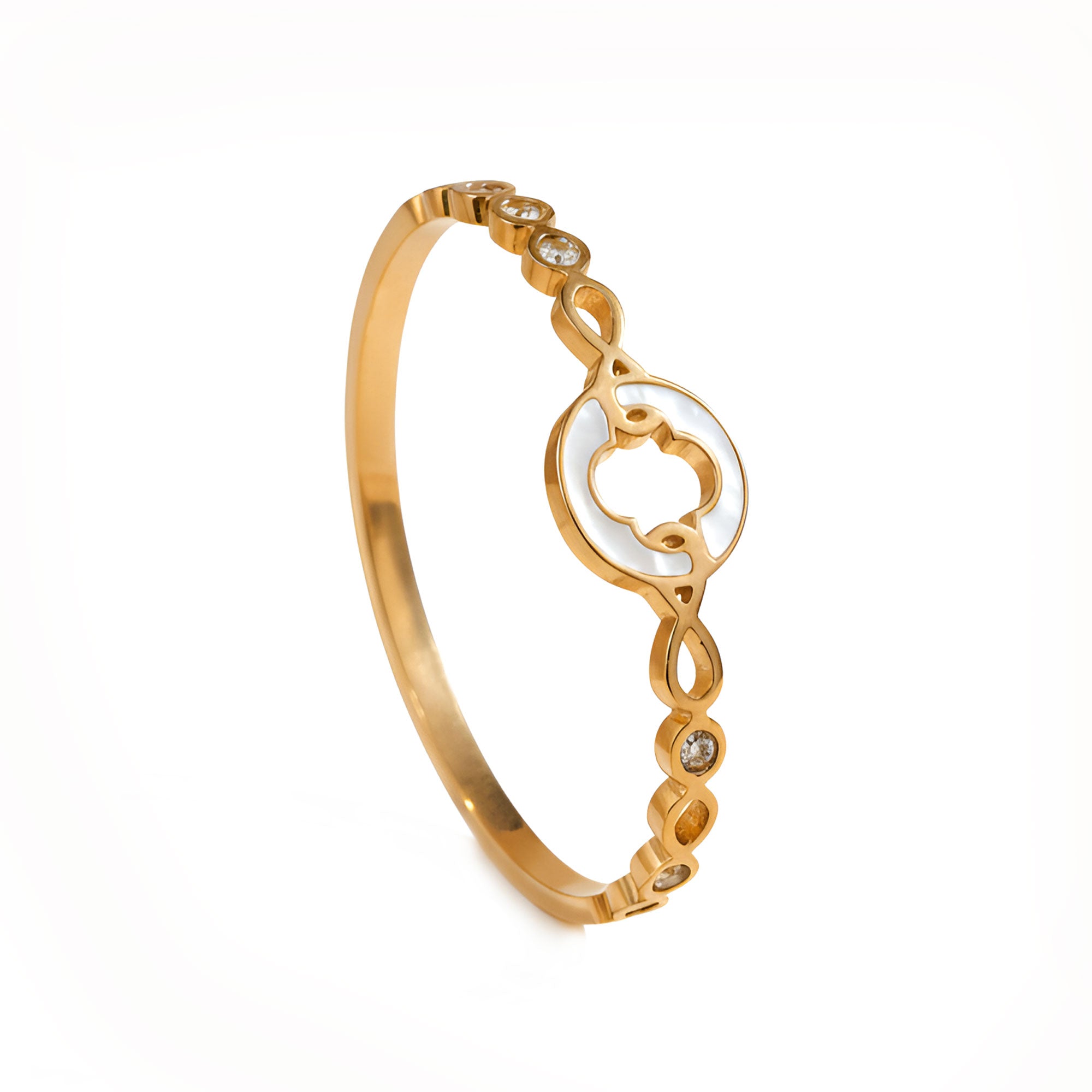 Artklim Gold Plated White Enamel Clover Bangle Bracelet