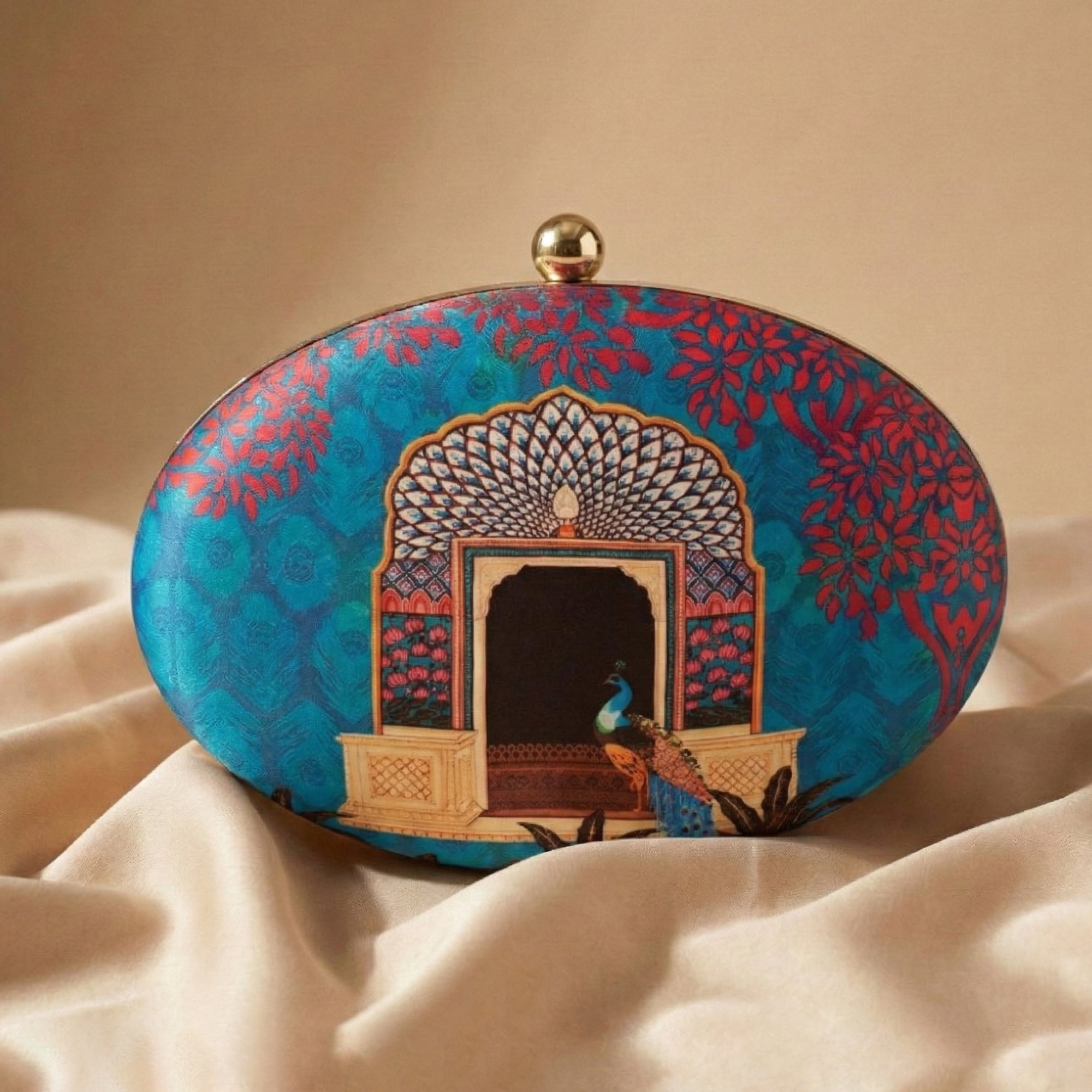 Artklim Peacock Printed Oval Clutch