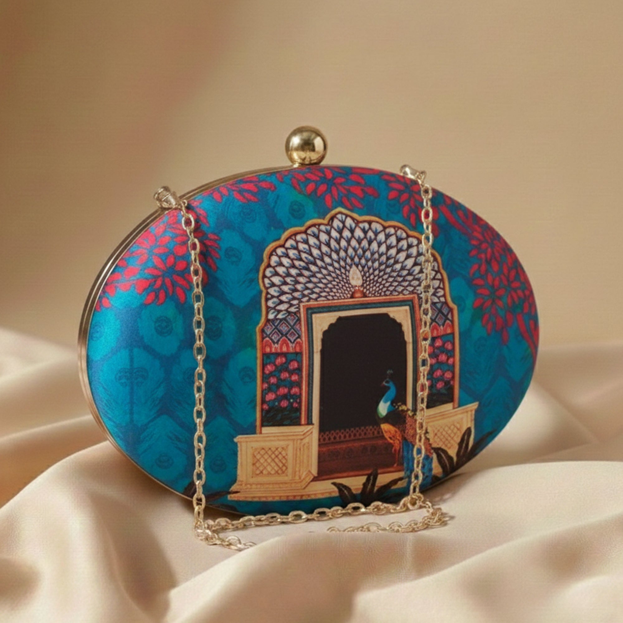 Artklim Peacock Printed Oval Clutch