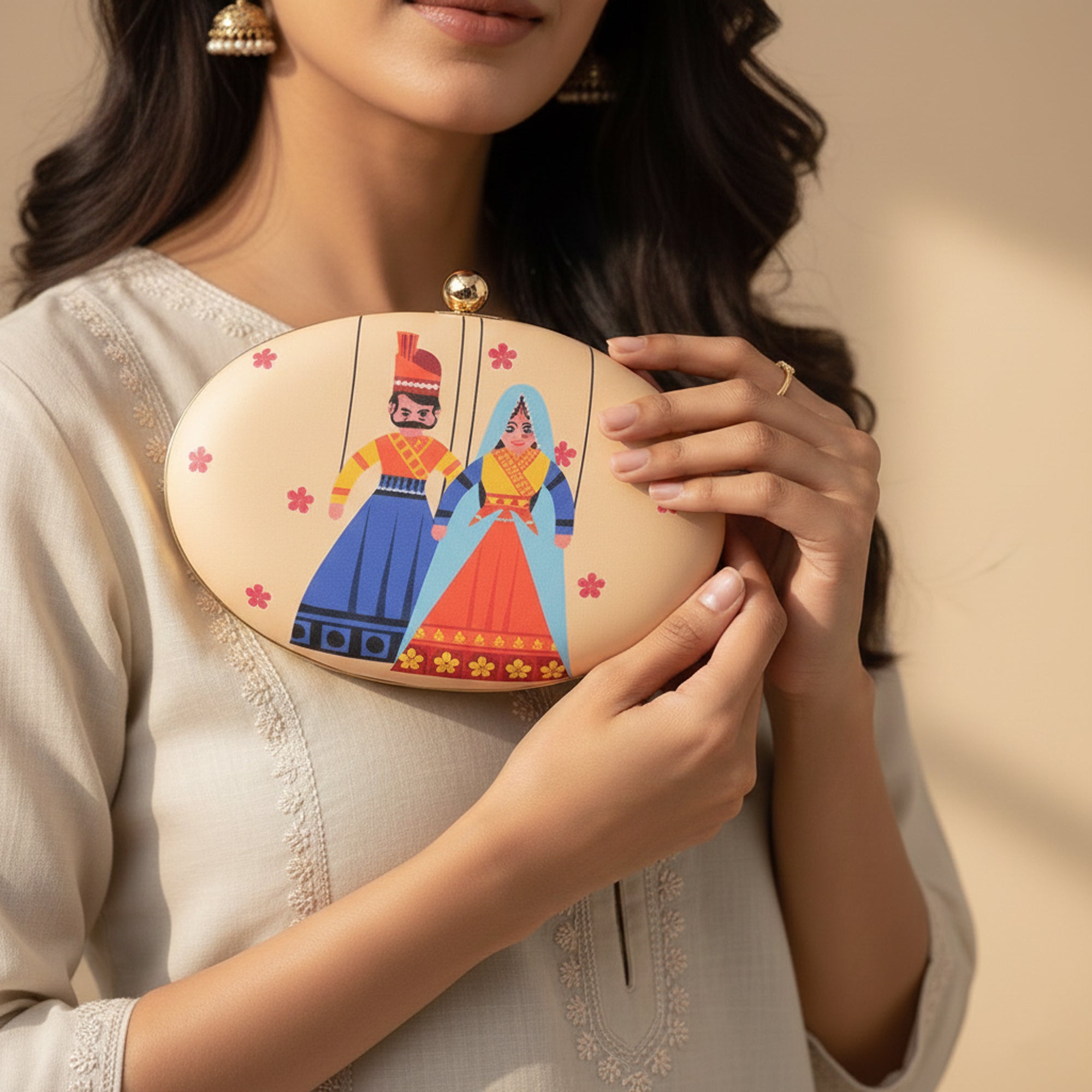 Indian Puppet Printed Oval Clutch