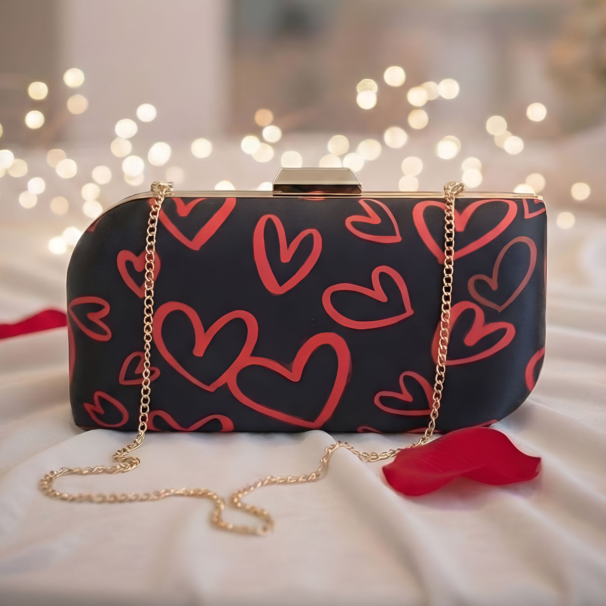 Artklim Elegant Black & Red Heart Printed Clutch
