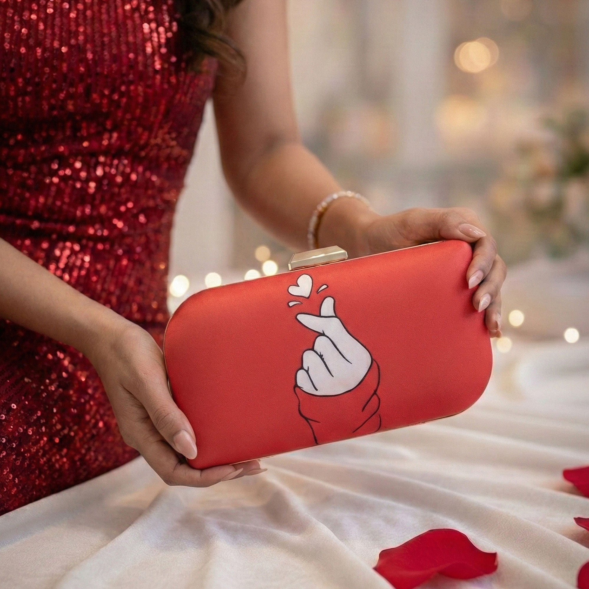 Artklim Finger Heart Design Printed Clutch