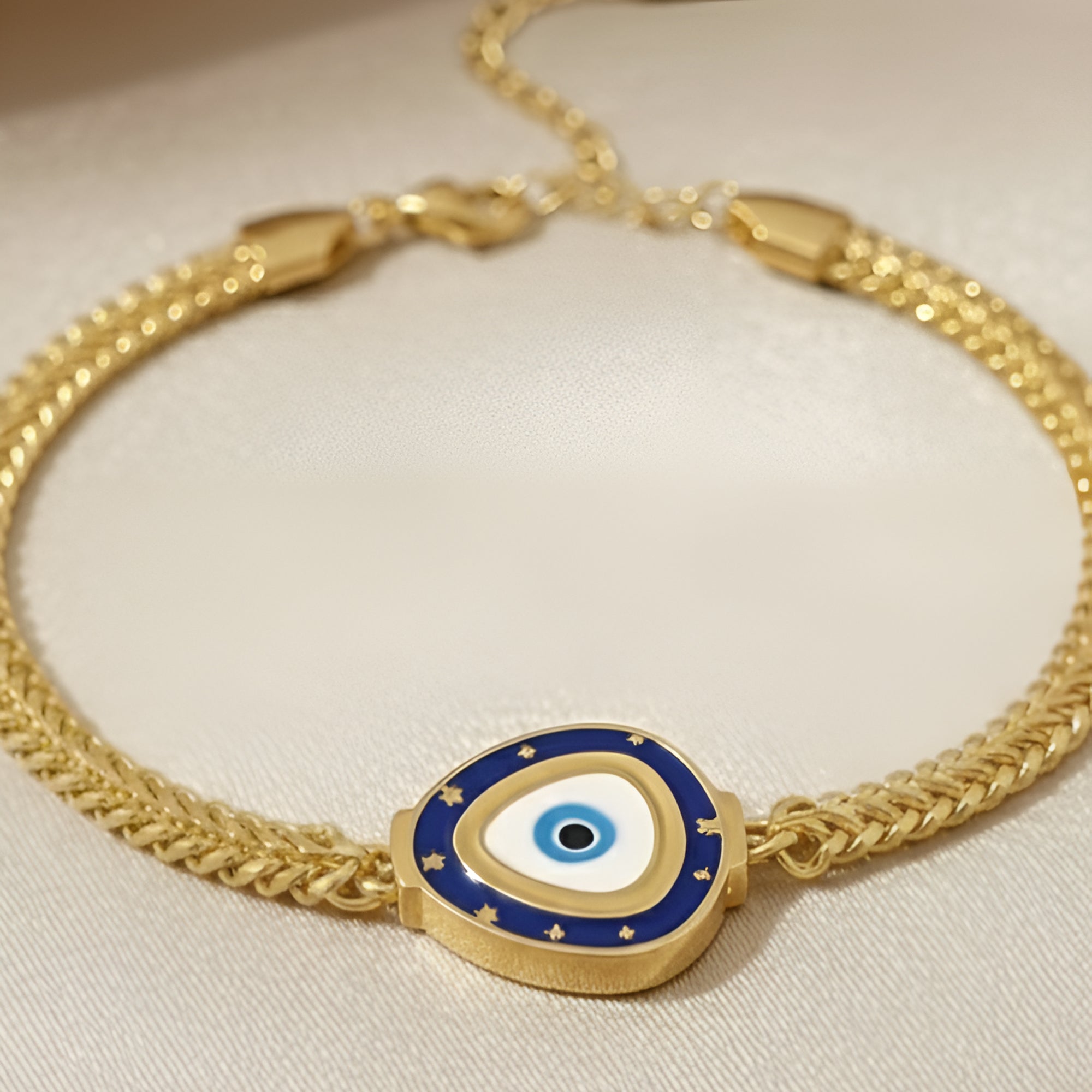 Artklim Gold Plated Elegant Blue Evil Eye Charm Adjustable Anti-Tarnish Bracelet