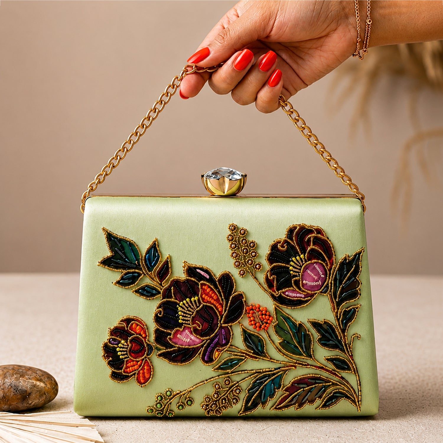 Artklim Green Floral Embroidered Designer Clutch