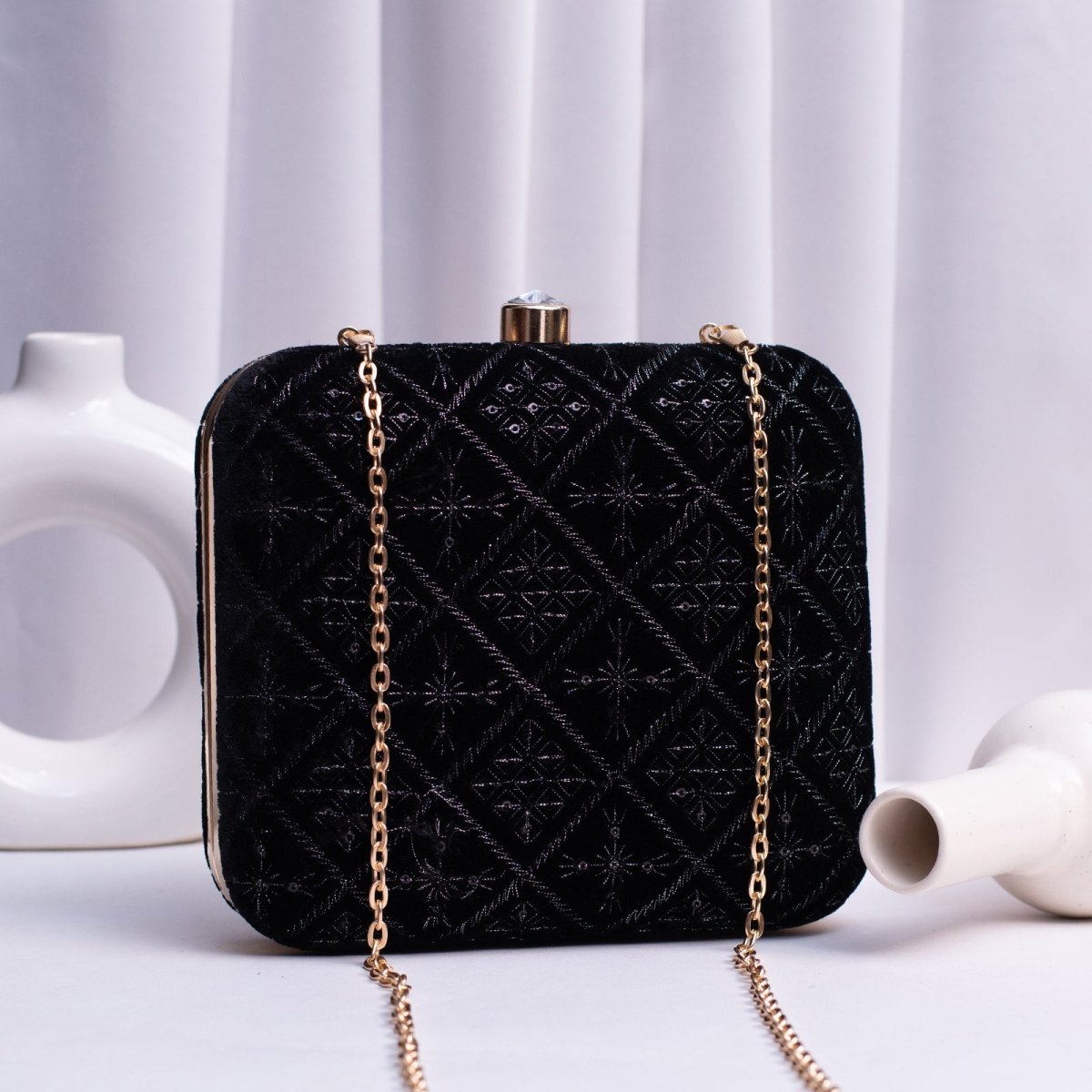 Artklim Black Based Thread Work Embroidery Clutch