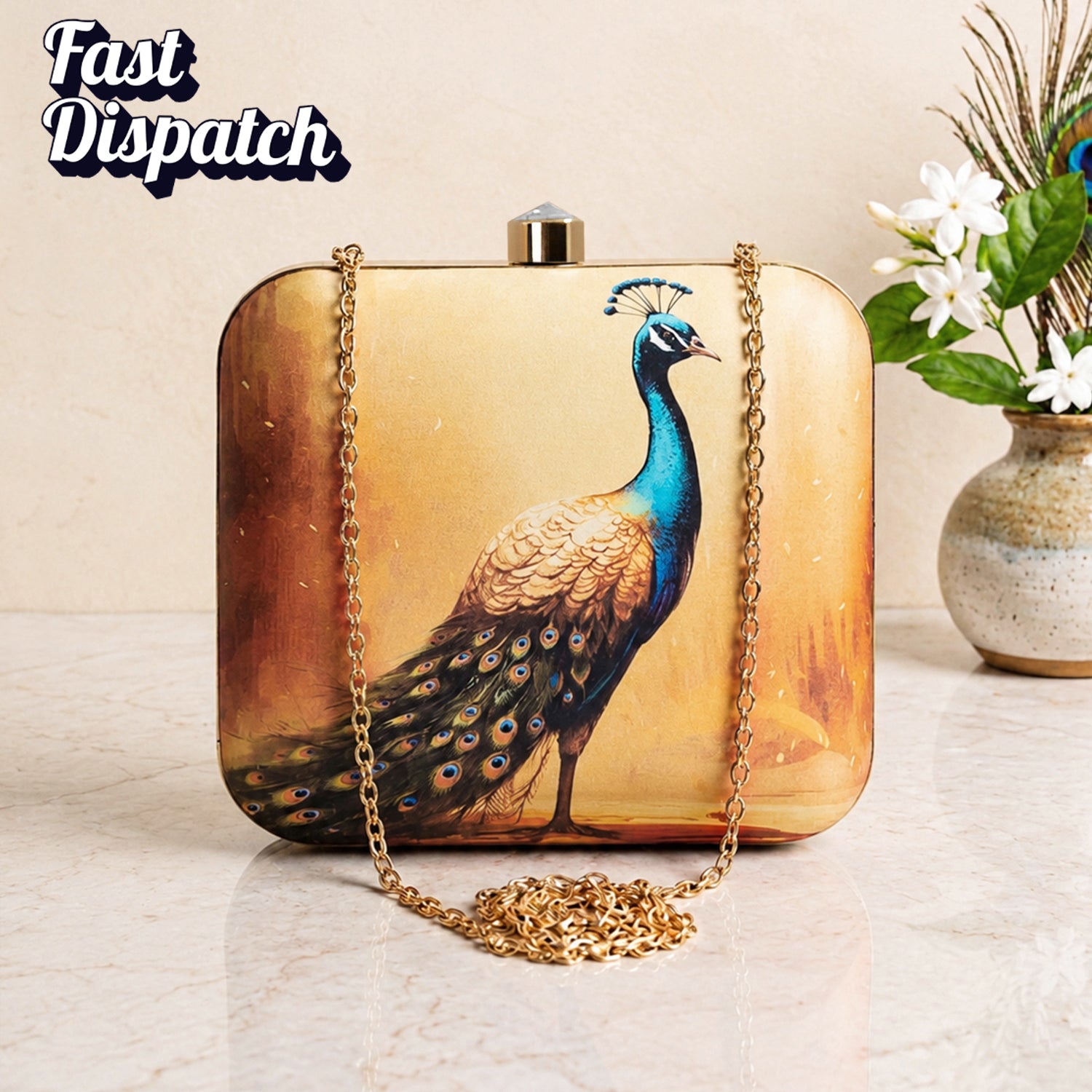 Orange-Peach Based Peacock Printed Clutch