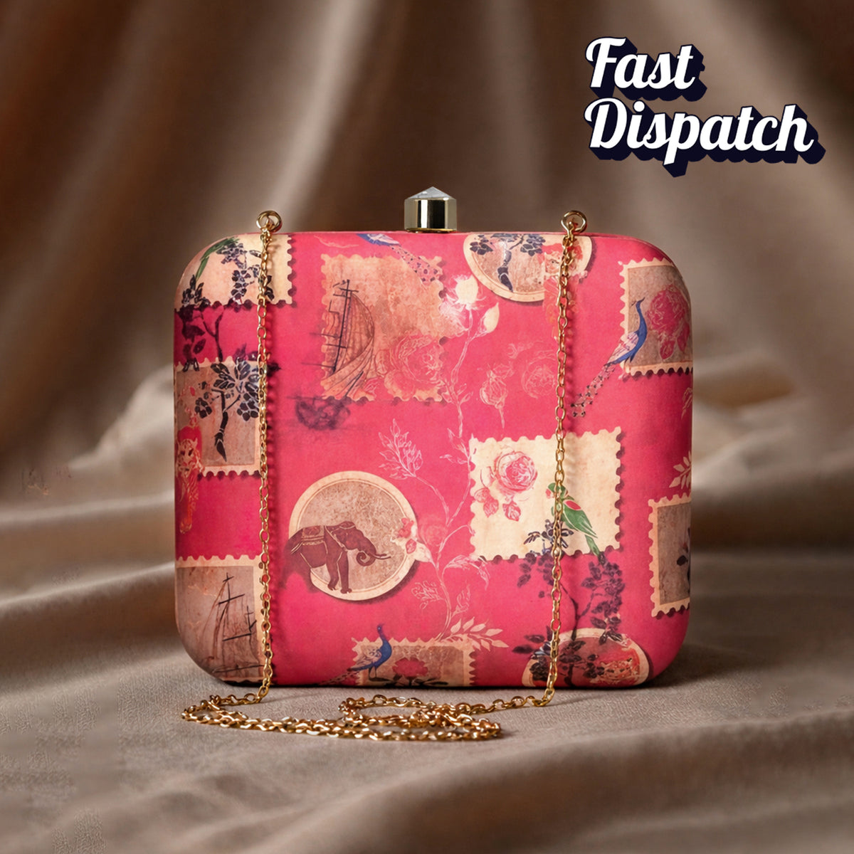 Artklim Vintage Postage Print Designer Chain Clutch