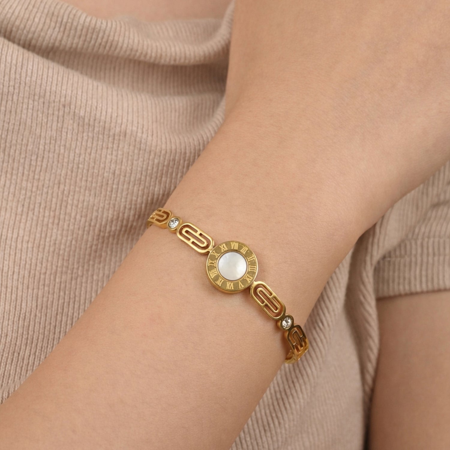 Artklim Gold Plated Roman Numeral Pearl Anti-Tarnish Bangle Bracelet