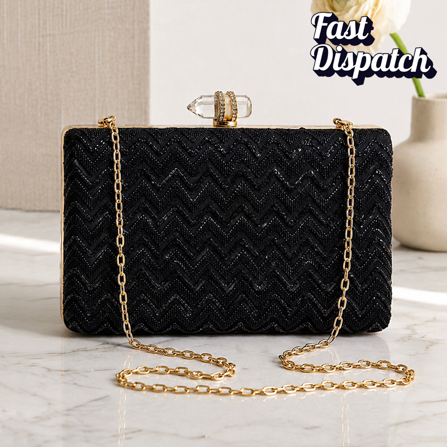 Artklim Black Chevron Pattern Textured Embroidery Clutch