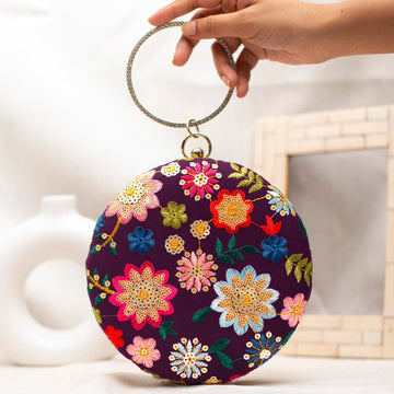 Wine Floral Embroidery Round Clutch