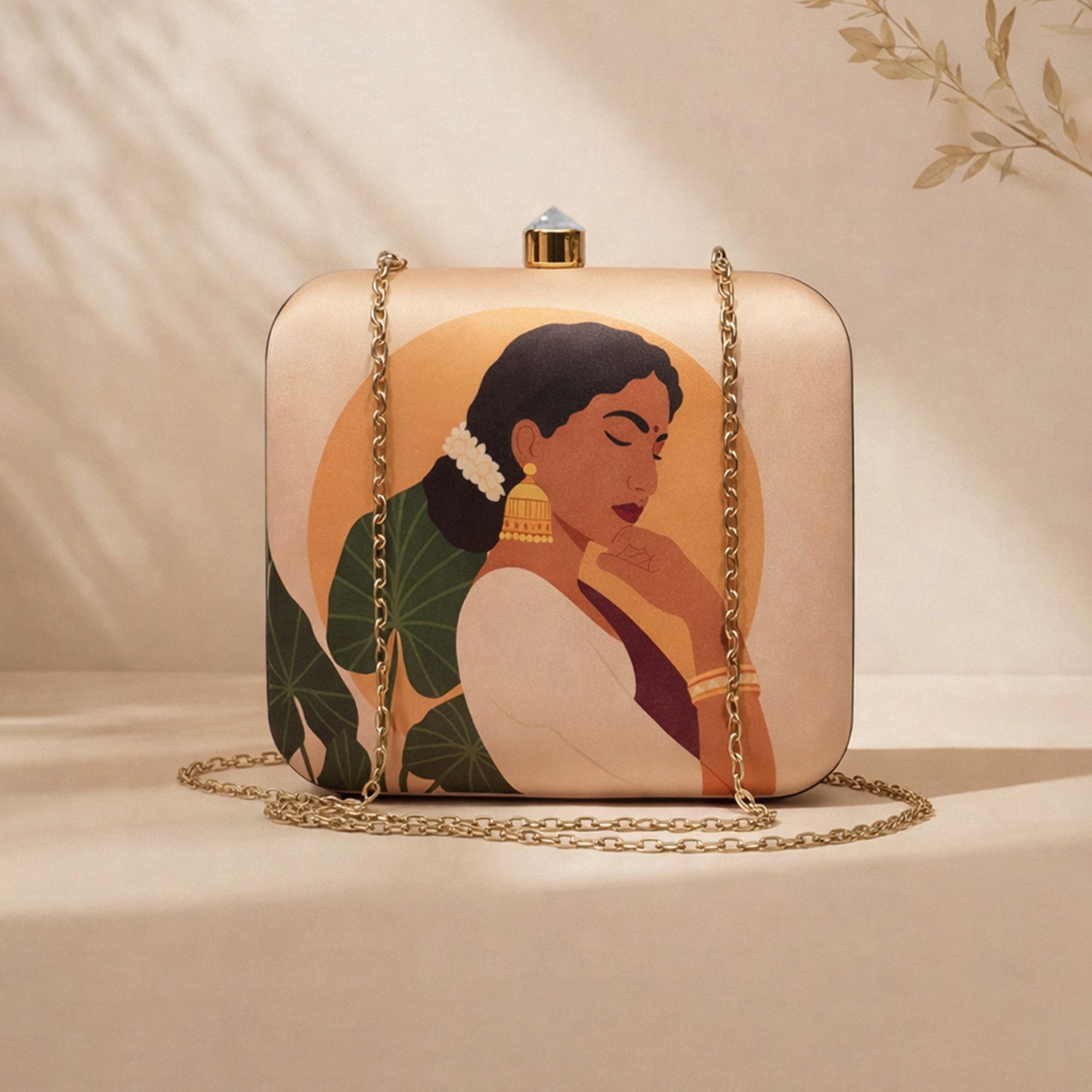 Artklim Beige Based Elegant Woman Portrait Printed Clutch