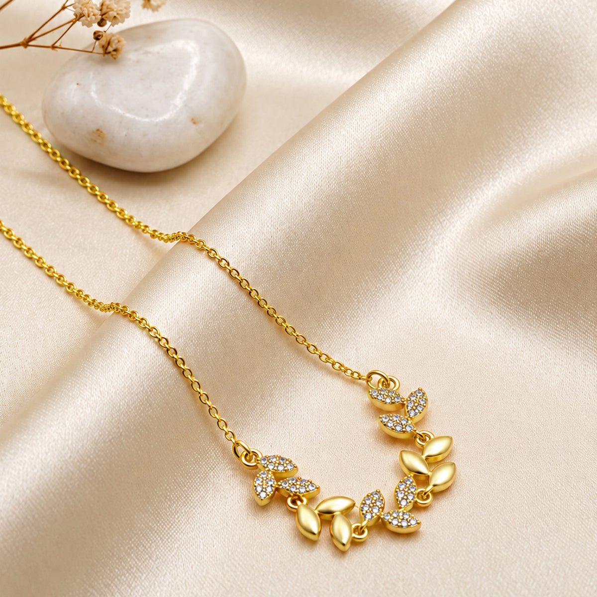 Elegant Leaf Blossom Crystal Gold-Tone Anti-Tarnish Pendant Necklace