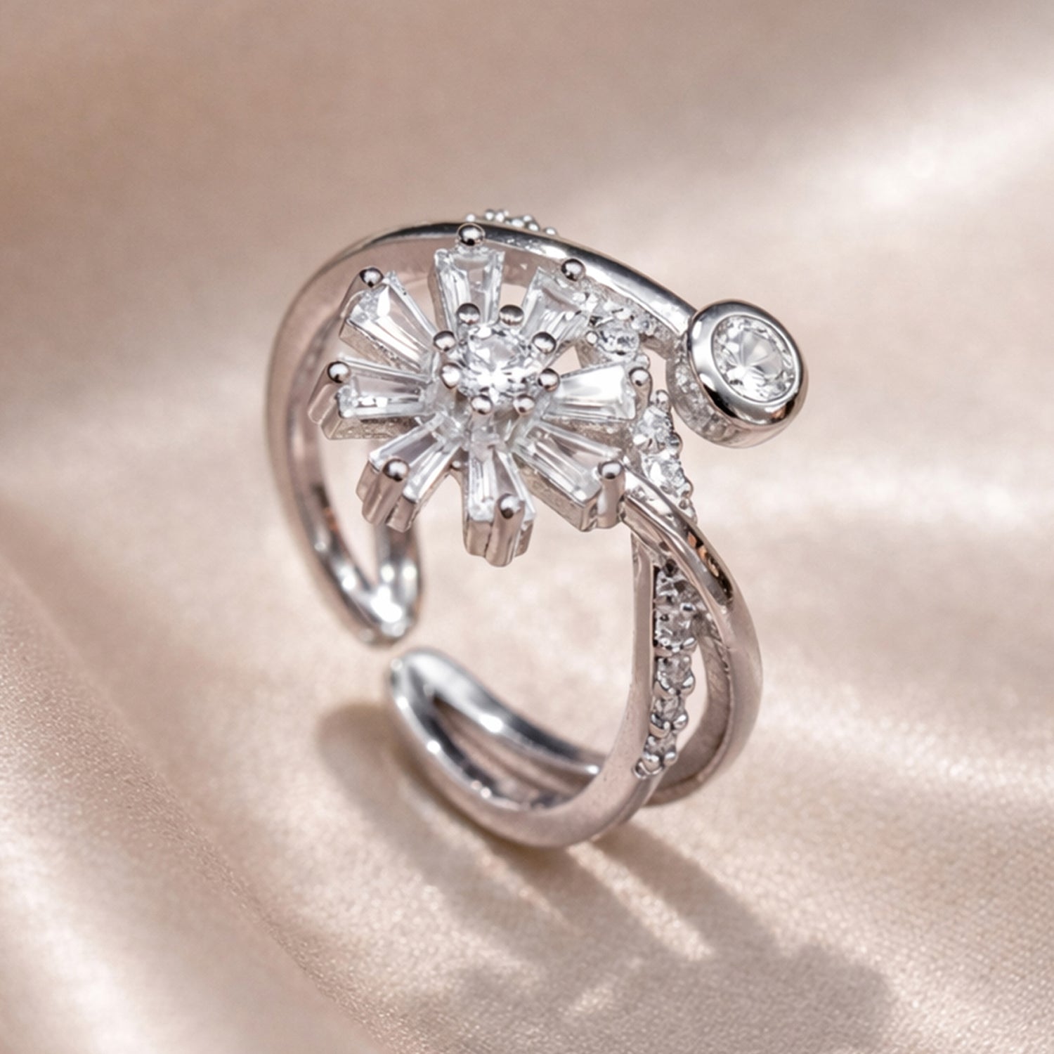 Artklim Sliver- Tone Crystal Flower Anti-Tarnish Ring