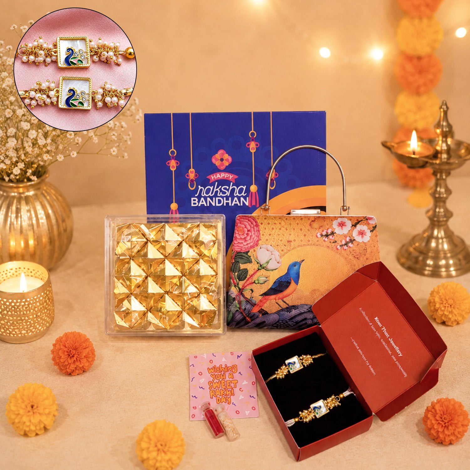 Artklim Festive Harmony Set: Peacock Rakhi & Bird Print Clutch