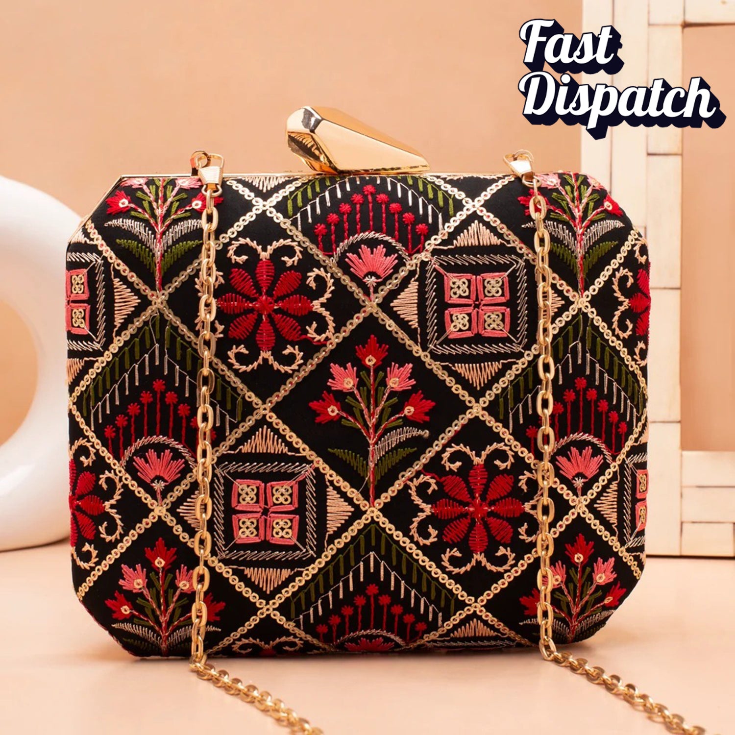 Artklim Black Red Floral Threadwork Embroidery Clutch