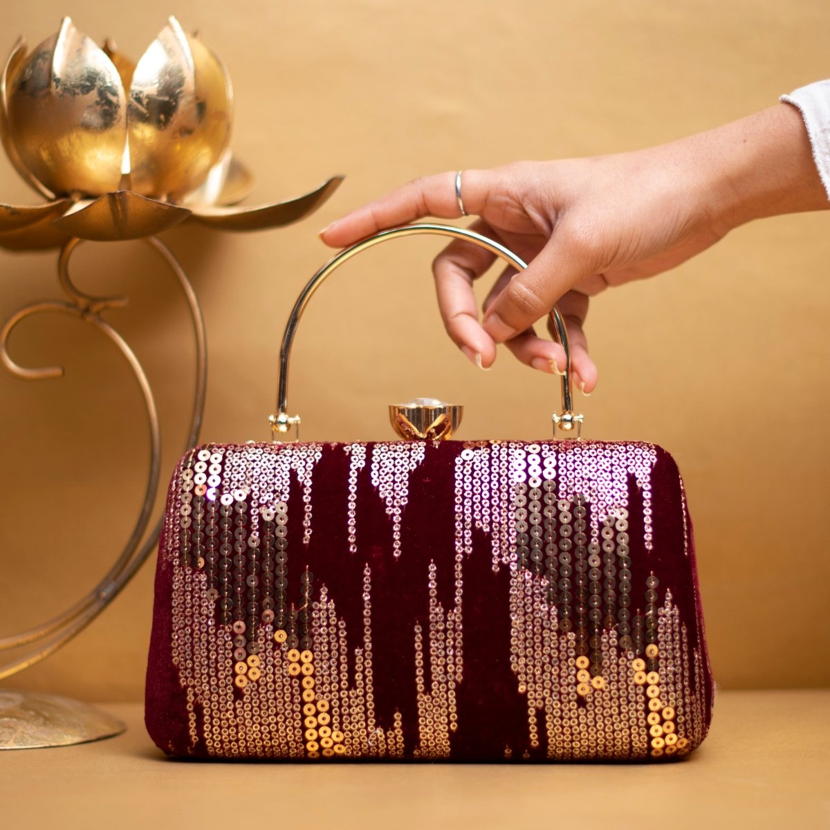 Golden Sequins Maroon Embroidery Party Clutch