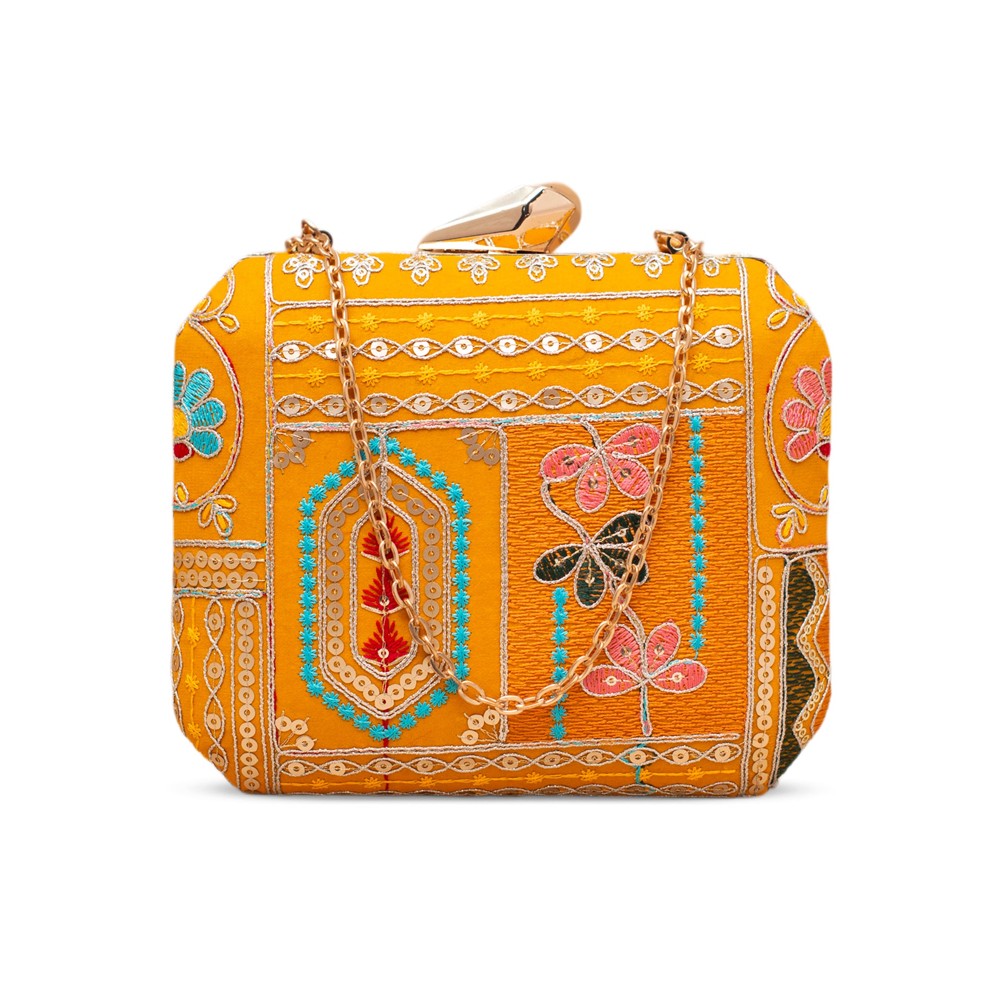 Artklim Royal Mustard Floral Embroidered Clutch