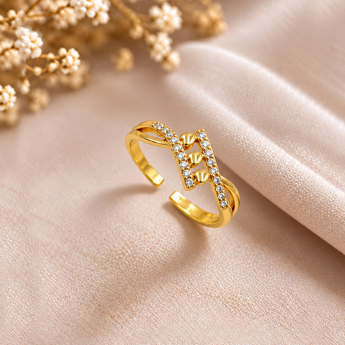 Artklim Luxe Triple-Bead Crystal Gold-Tone Anti-Tarnish Ring