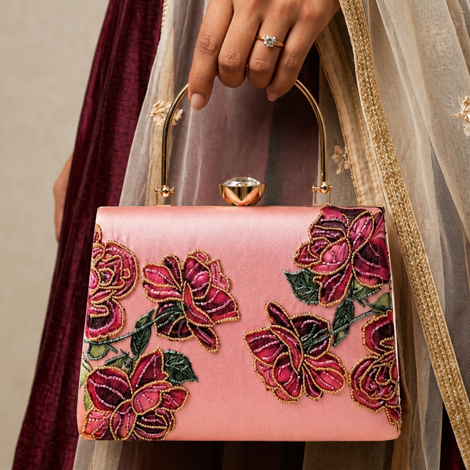 Artklim Pink Rose Embroidered Designer Clutch Bag