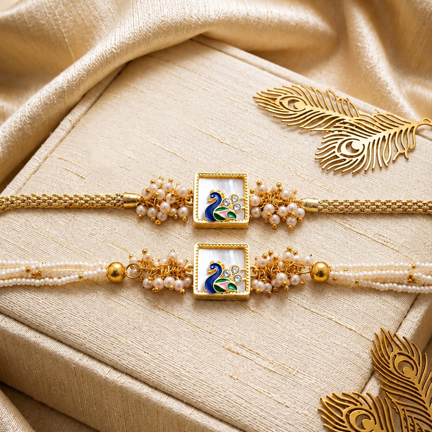 Artklim Festive Harmony Set: Peacock Rakhi & Bird Print Clutch