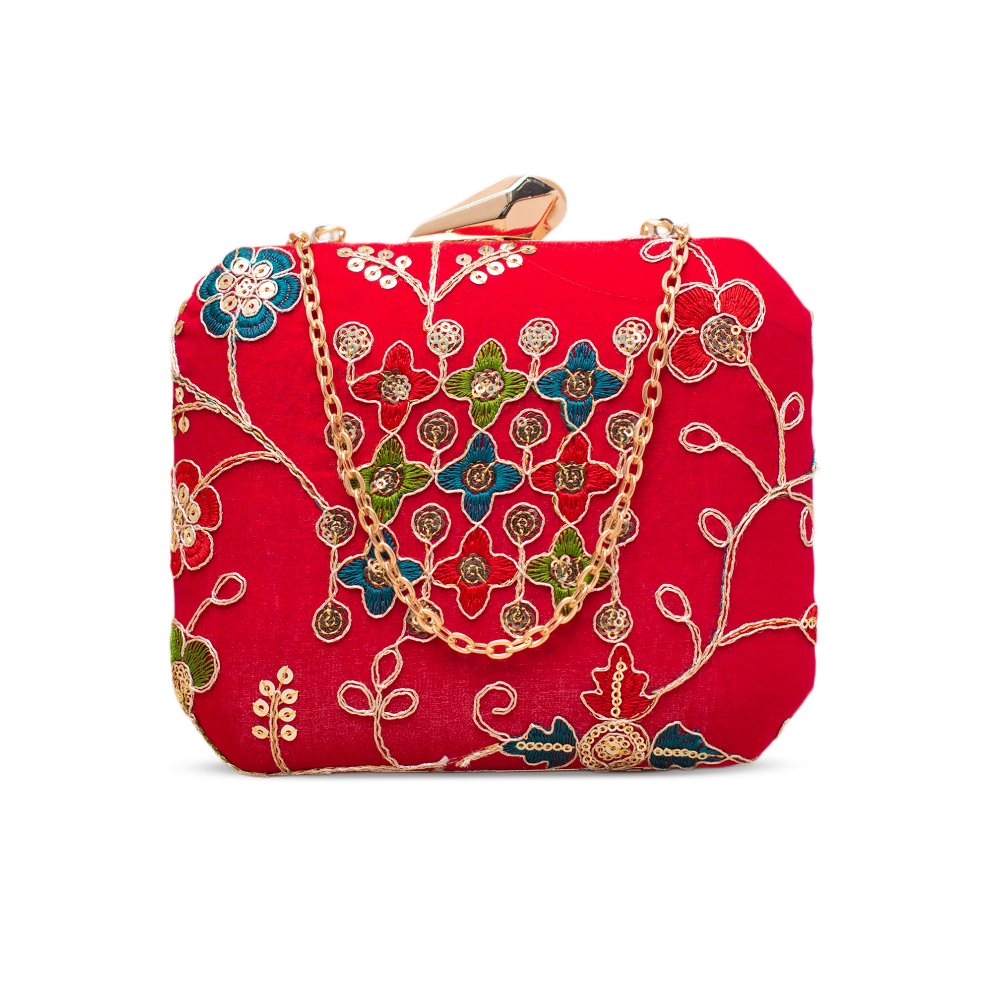 Artklim Luxury Red Gold Thread Embroidered Clutch