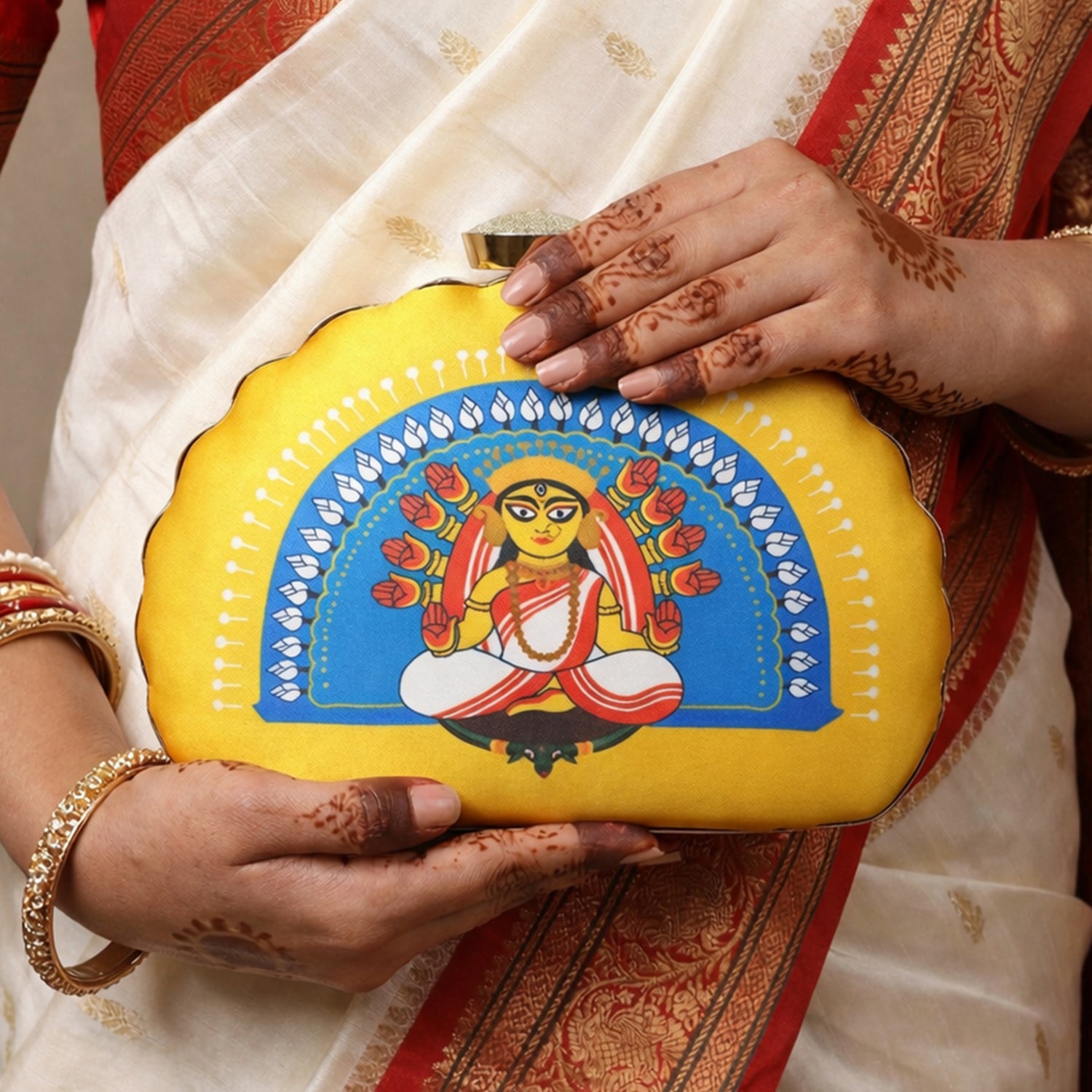 Artklim Yellow And Blue Durga Printed D-shape Clutch