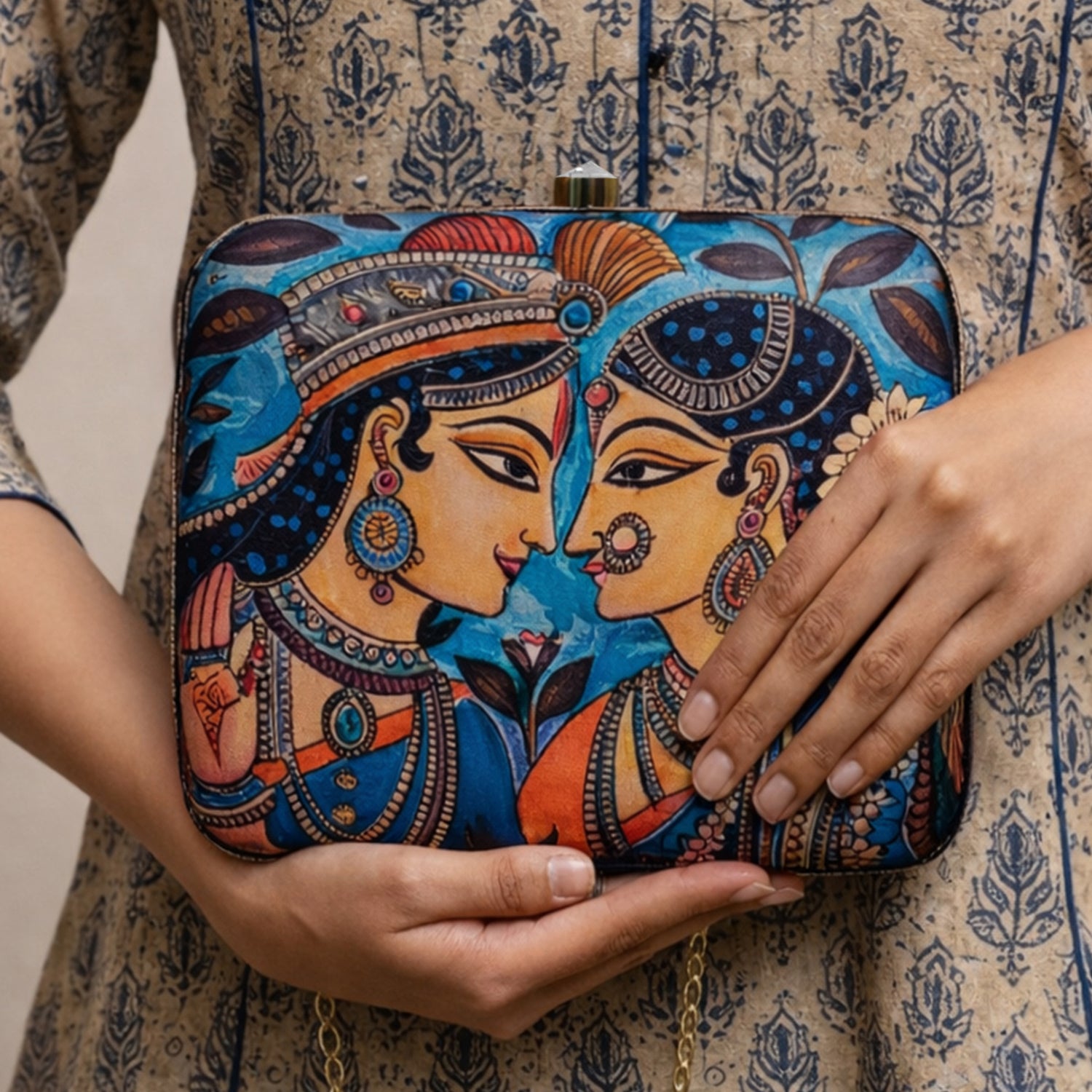 Madhubani Radha Krishna Printed Clutch