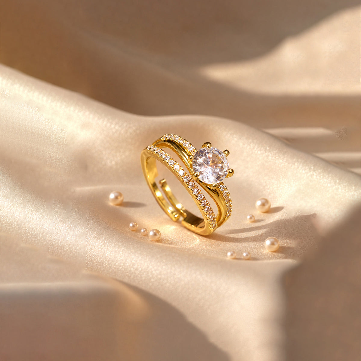 Artklim Chic Round-Cut Crystal Gold-Tone Anti-Tarnish Ring