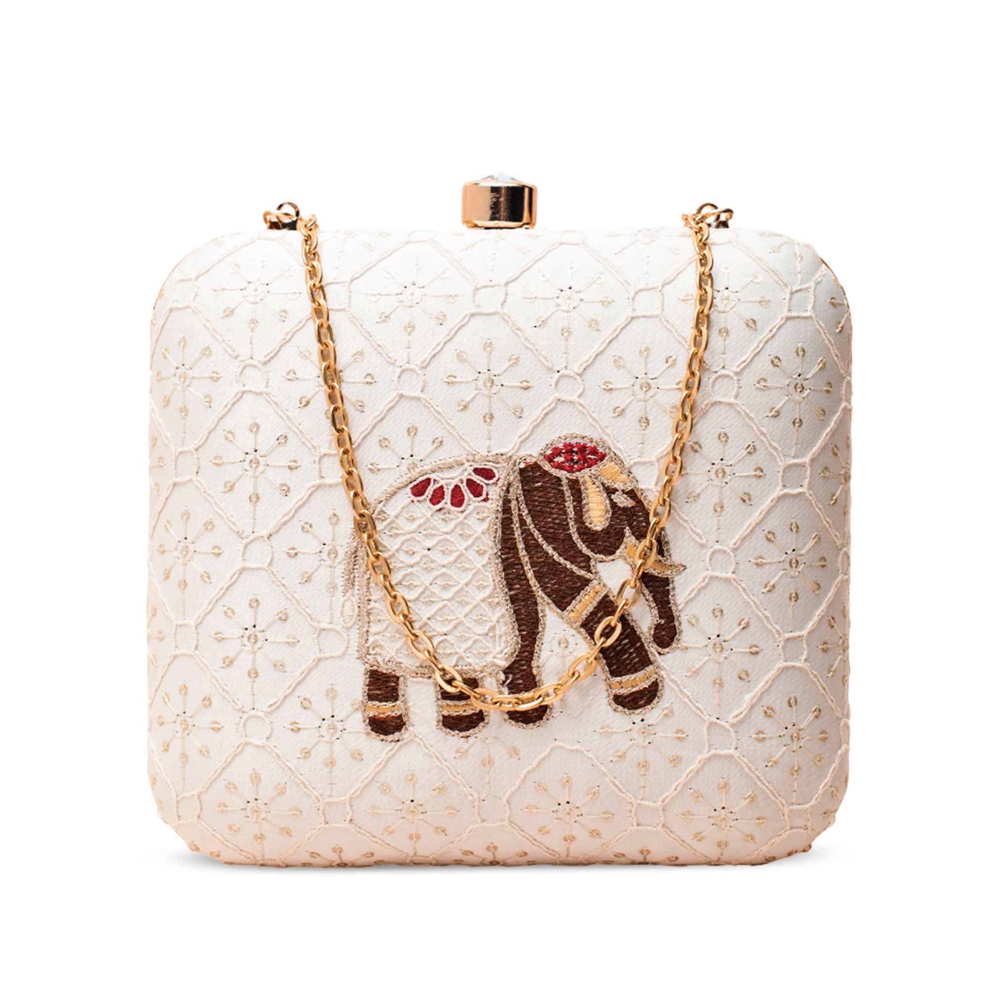 Artklim White with Brown - Red Colour Embroidery Clutch