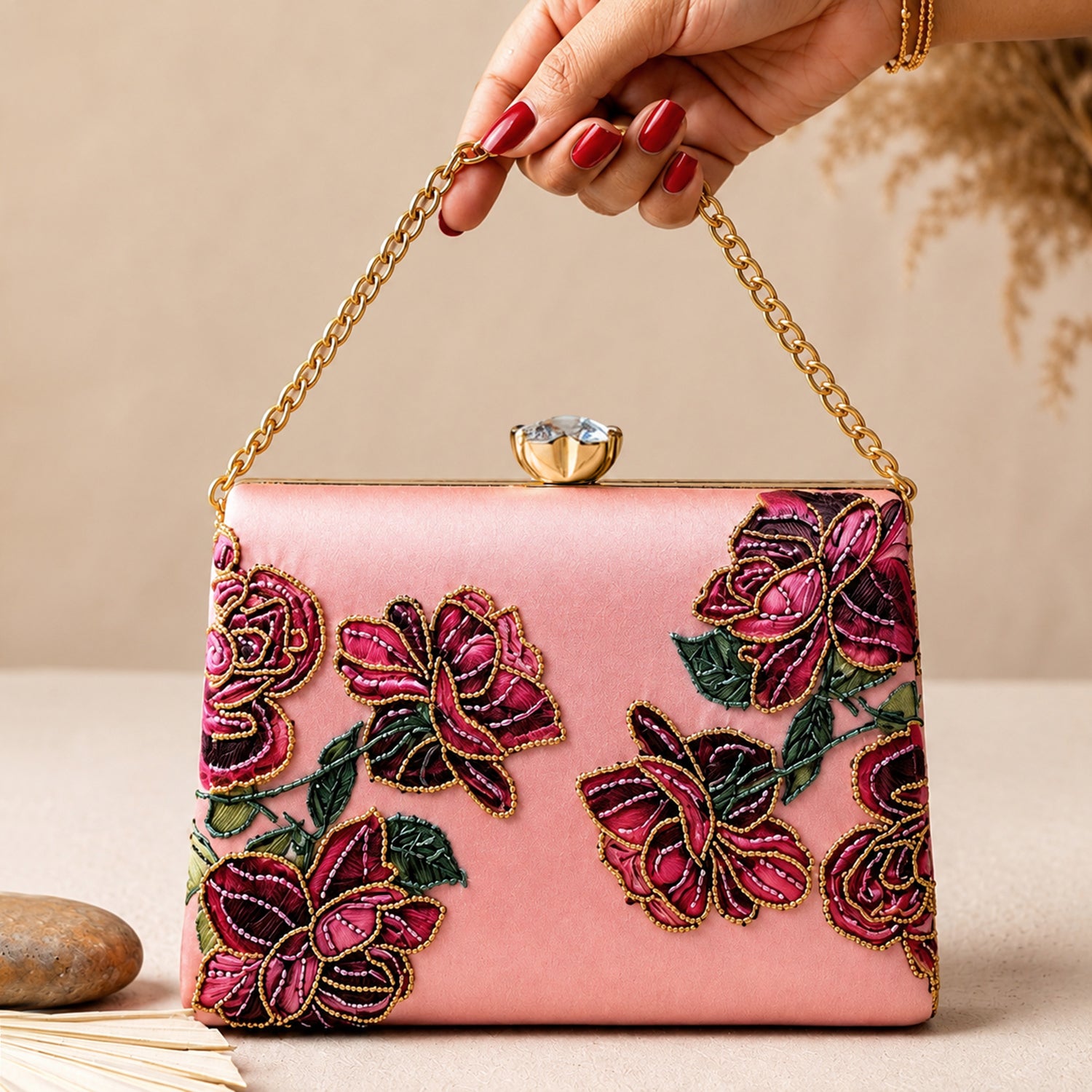 Artklim Pink Rose Embroidered Designer Clutch Bag