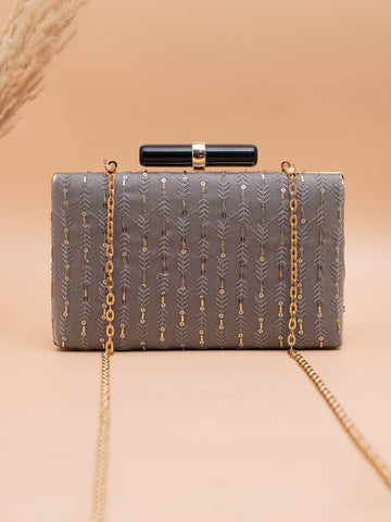 Artklim Elegant Grey Embroidered Clutch with Golden Sling