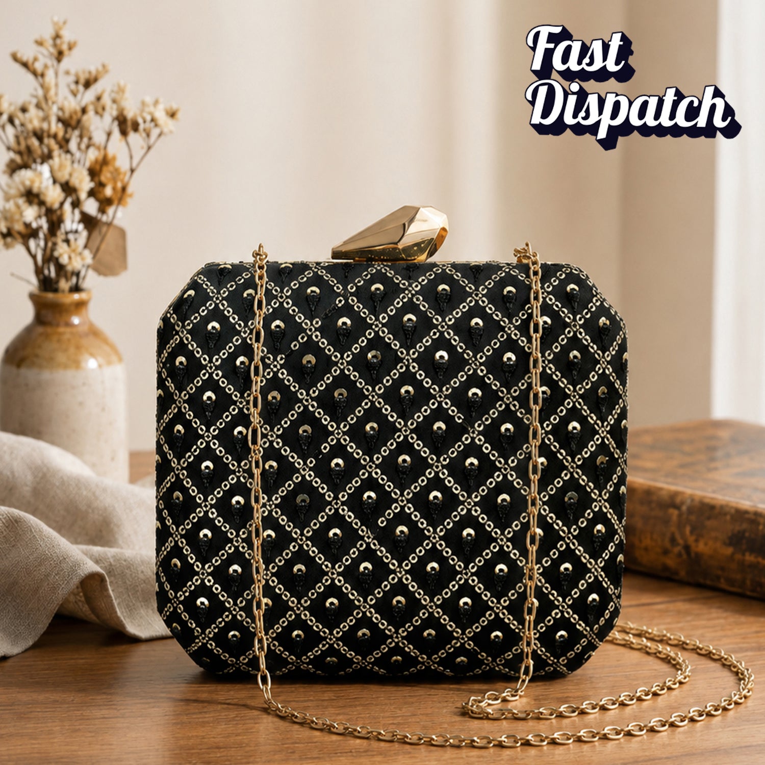 Artklim Black Geometric Embellished Clutch