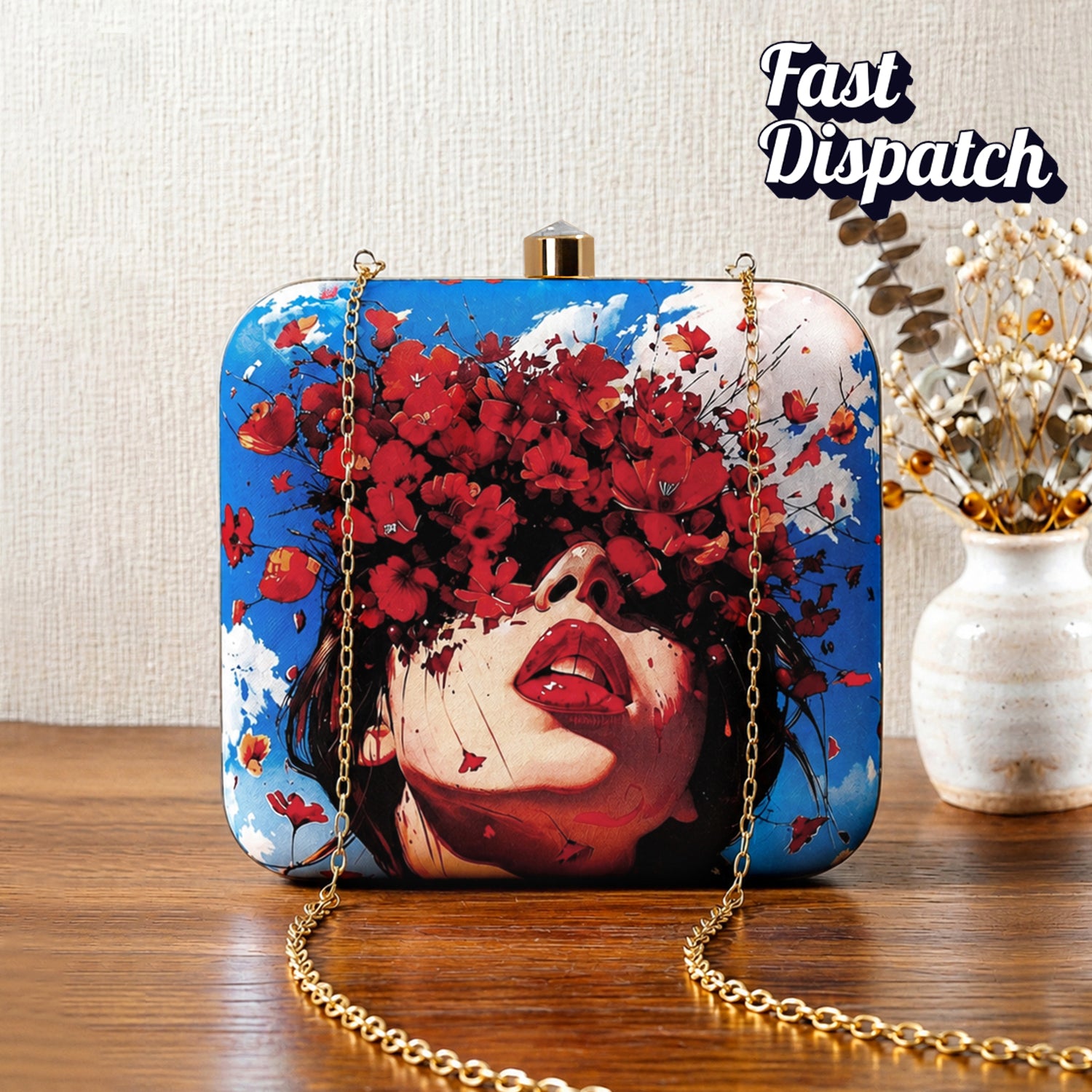 Artklim Elegant Floral Portrait Blue Printed Clutch