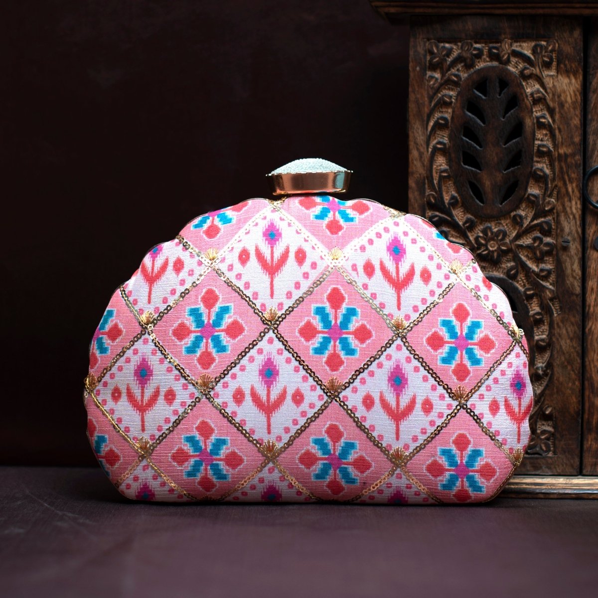 Pink Sequin Embroidery Moon Shaped Clutch