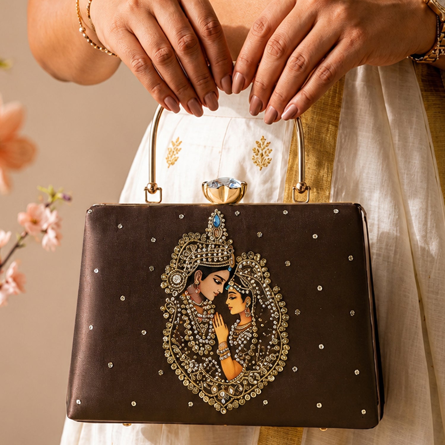 Artklim Printed Ethnic Radha Krishna Pearl Work Clutch with Hand Embroidery