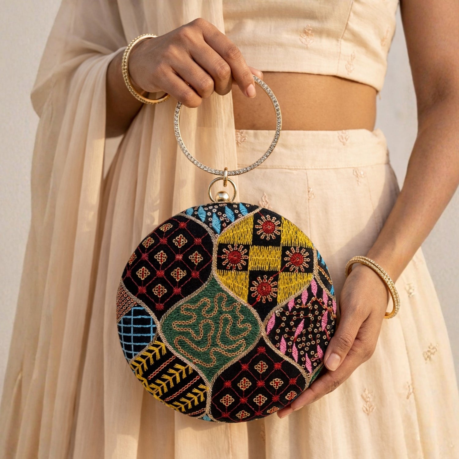 Artklim Artisan Patchwork Mosaic Velvet Embroidery Clutch