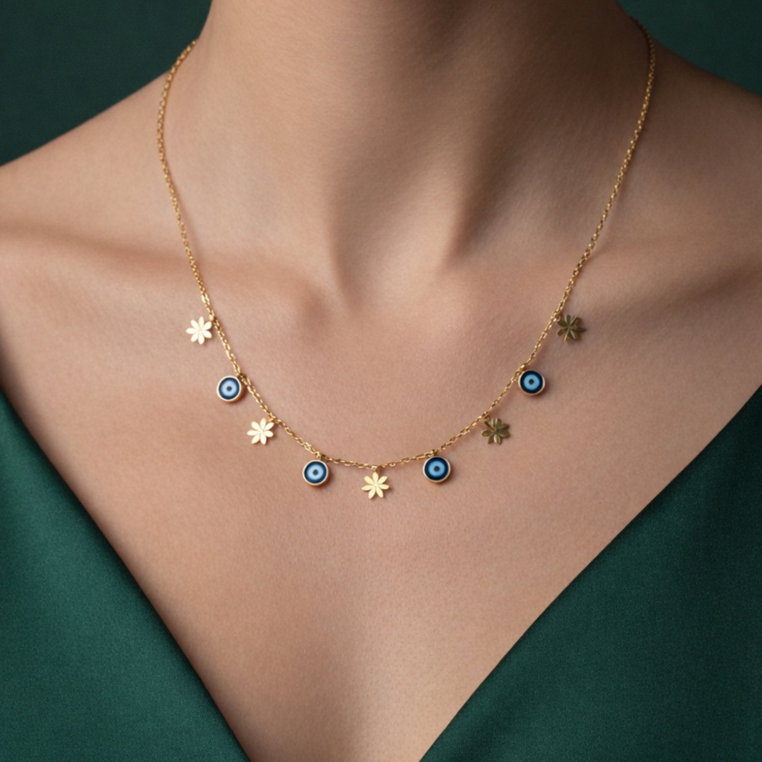 Artklim Gold-Plated Evil Eye & Floral Charm Anti-Tarnish Necklace