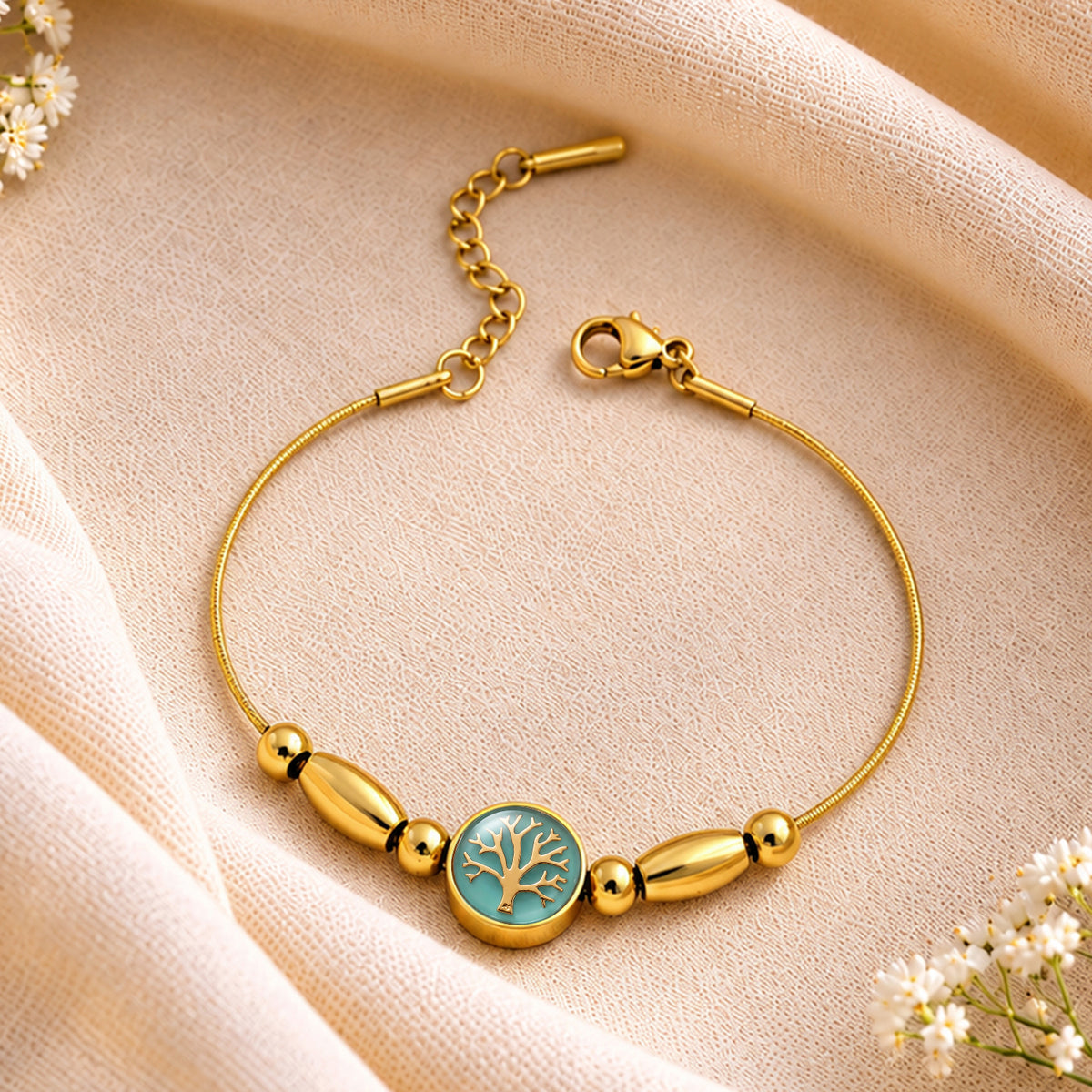 Artklim Luxe Tree of Life Turquoise Charm Gold-Tone Anti-Tarnish Bracelet