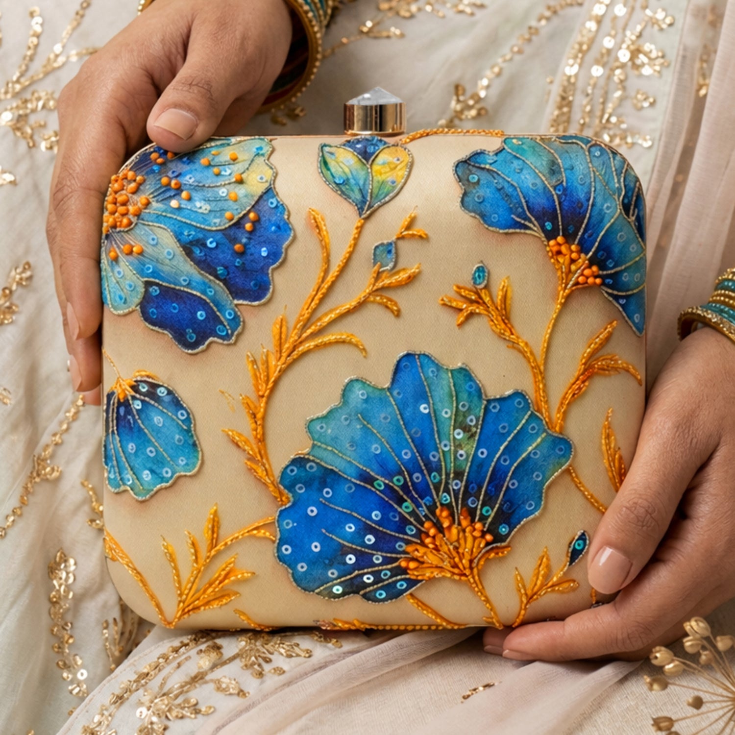 Artklim Printed Blue Floral Beaded Clutch with Hand Embroidery