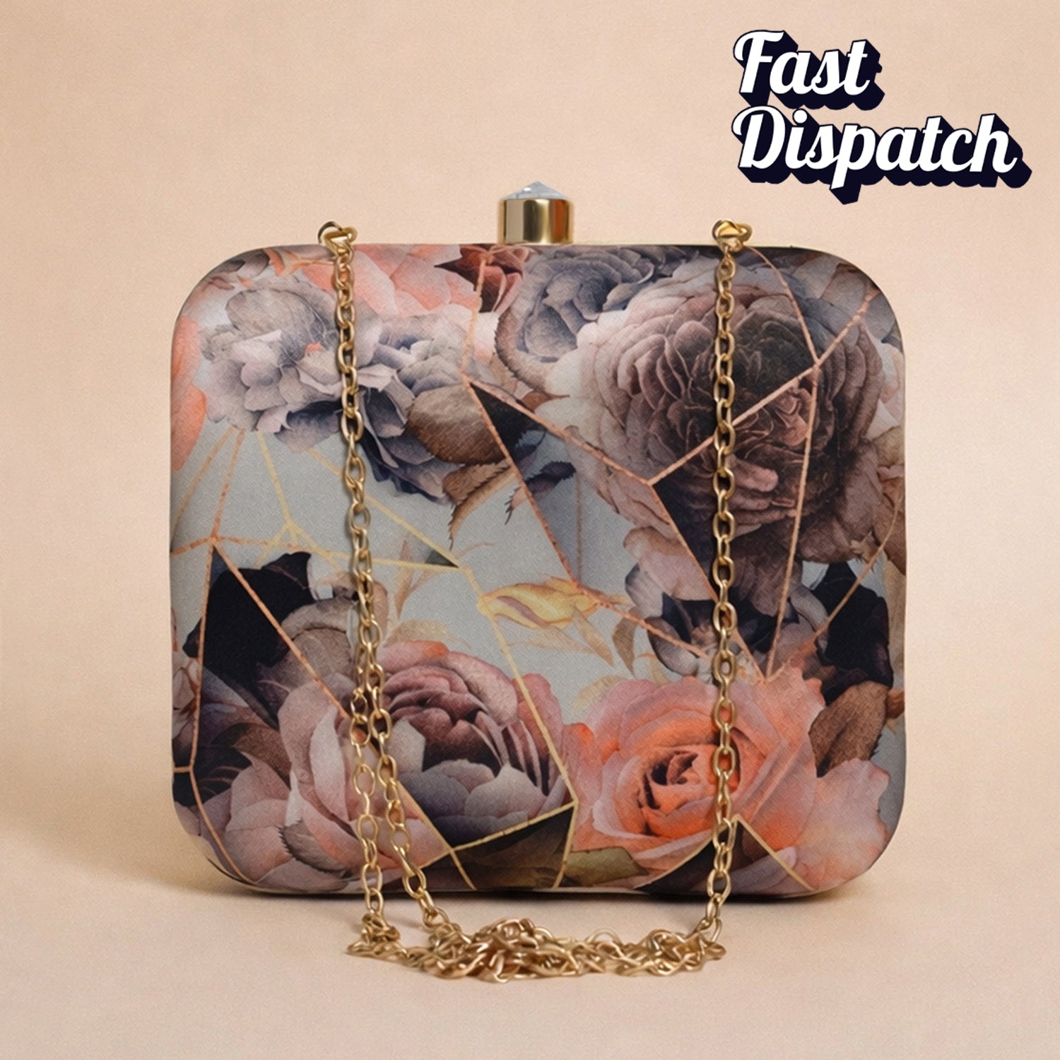 Artklim Grey and Pink Rose Printed Clutch