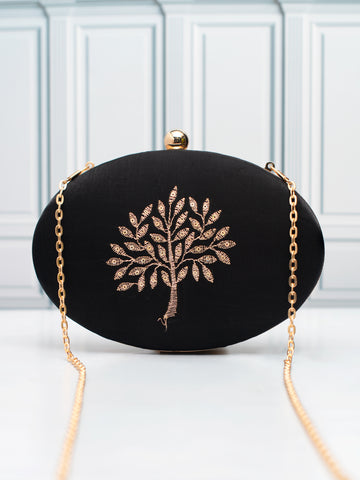 Artklim Black Oval Tree Embroidered Clutch