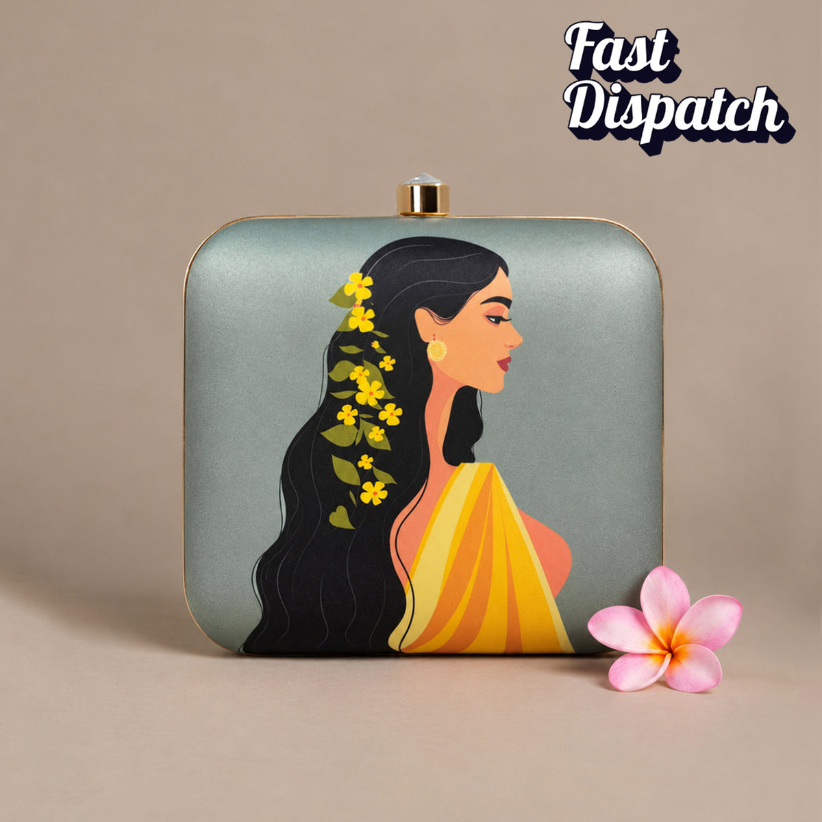 Artklim Elegant Woman in Yellow Saree Floral Printed Clutch