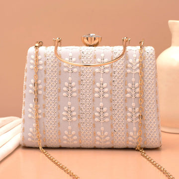Artklim White Base Threadwork Embroidery Clutch