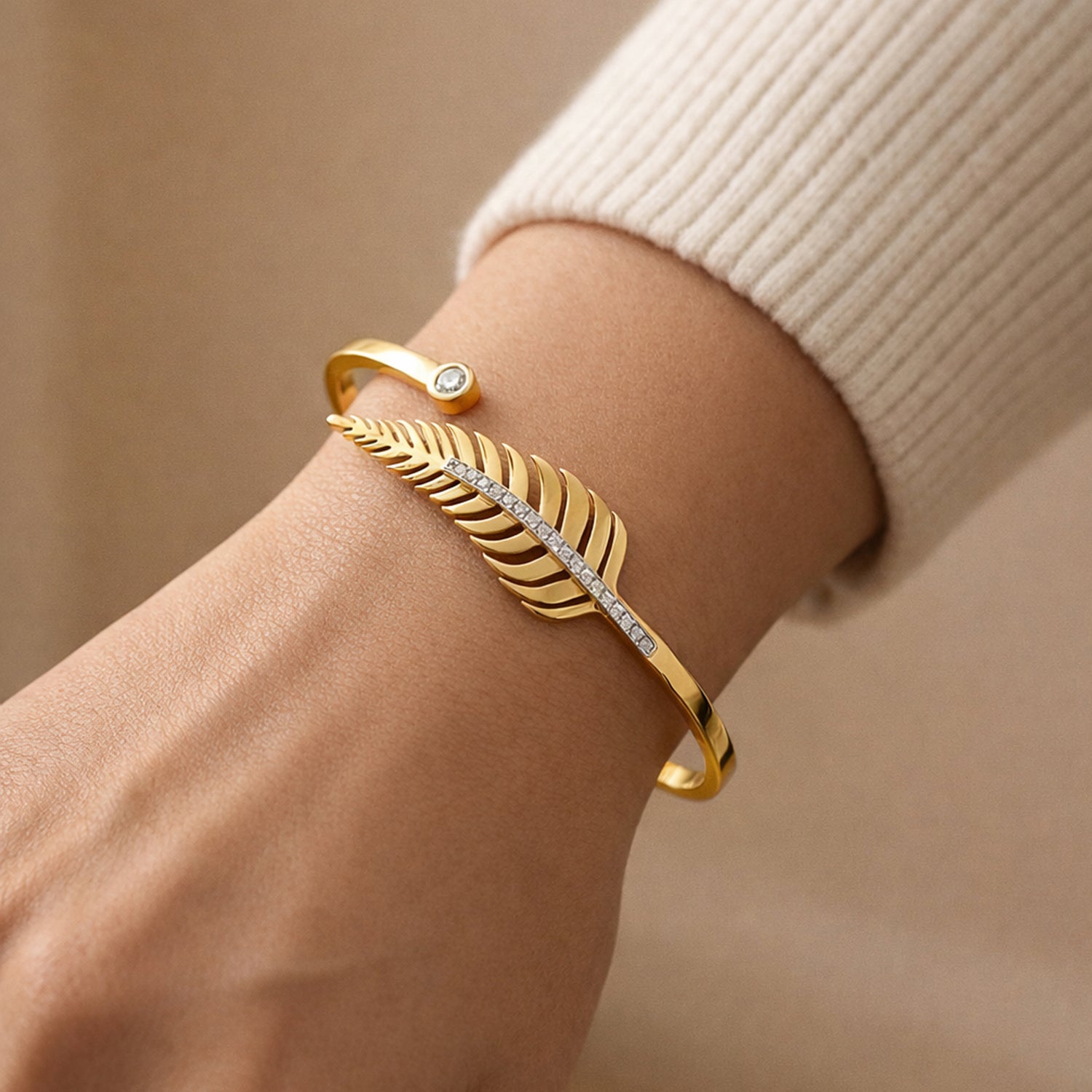 Artklim Gold Plated Leaf Crystal Cuff Anti-Tarnish Bangle Bracelet