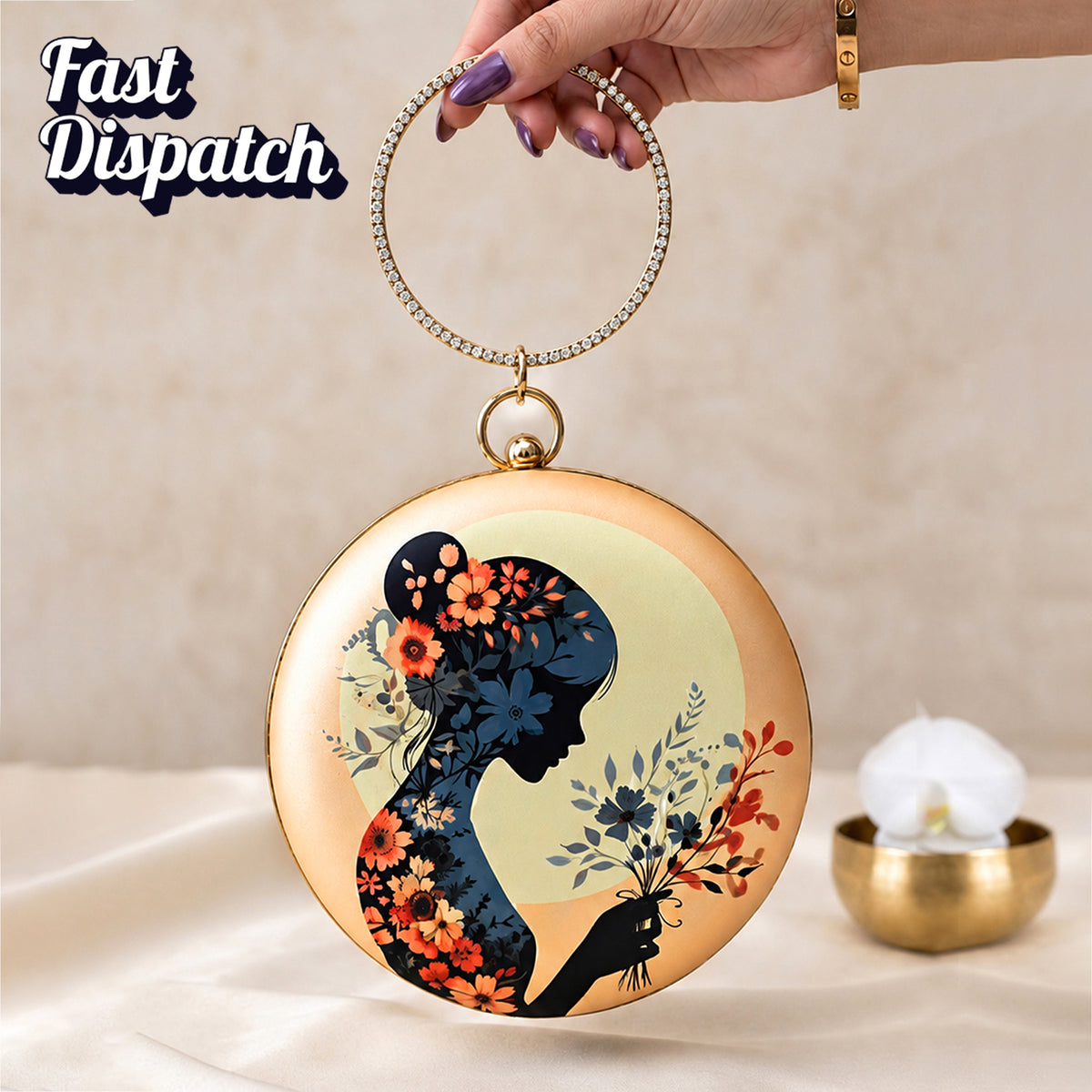 Artklim Floral Silhouette Round Sling Printed Clutch