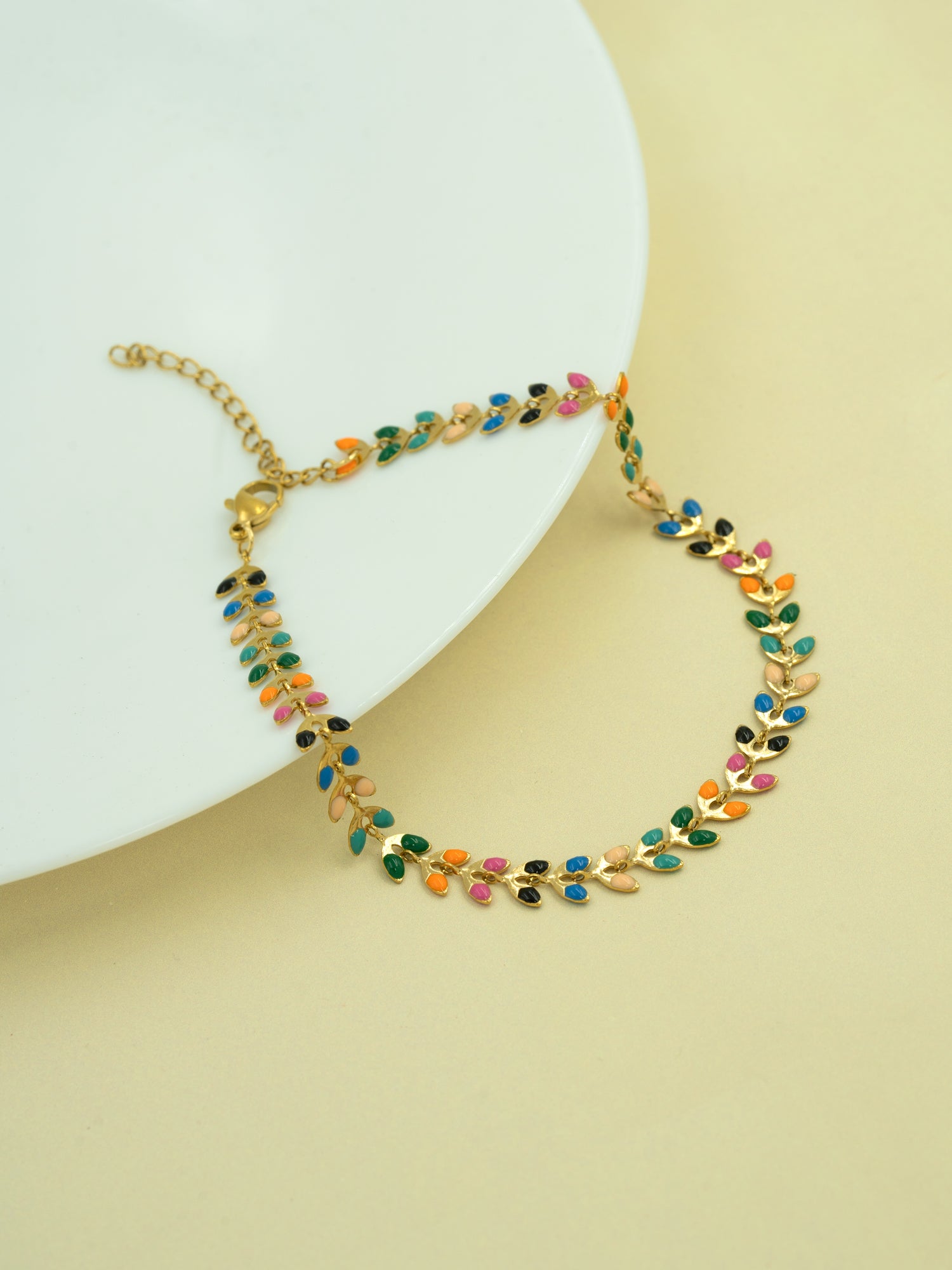 Artklim Gold Plated Multicolor Leaf Chain Anti Tarnish Anklet